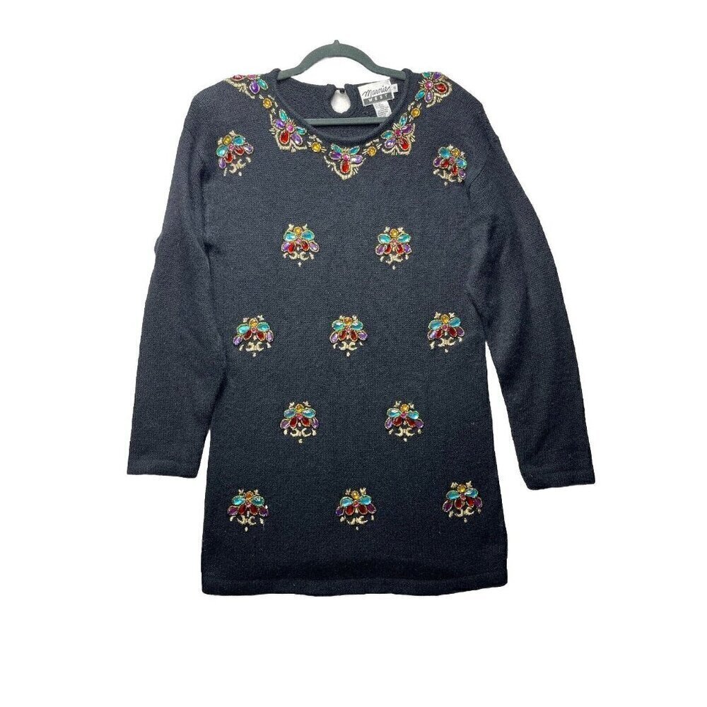 Vtg 80s Marnie West Sequin Beaded Black Sweater S Holiday Party Silk Angora Wool